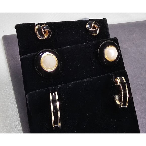 Vintage Monet Black Enamel Hoop, Faux Pearl Studs & Enamel Knott Pierced Earring - Picture 2 of 7